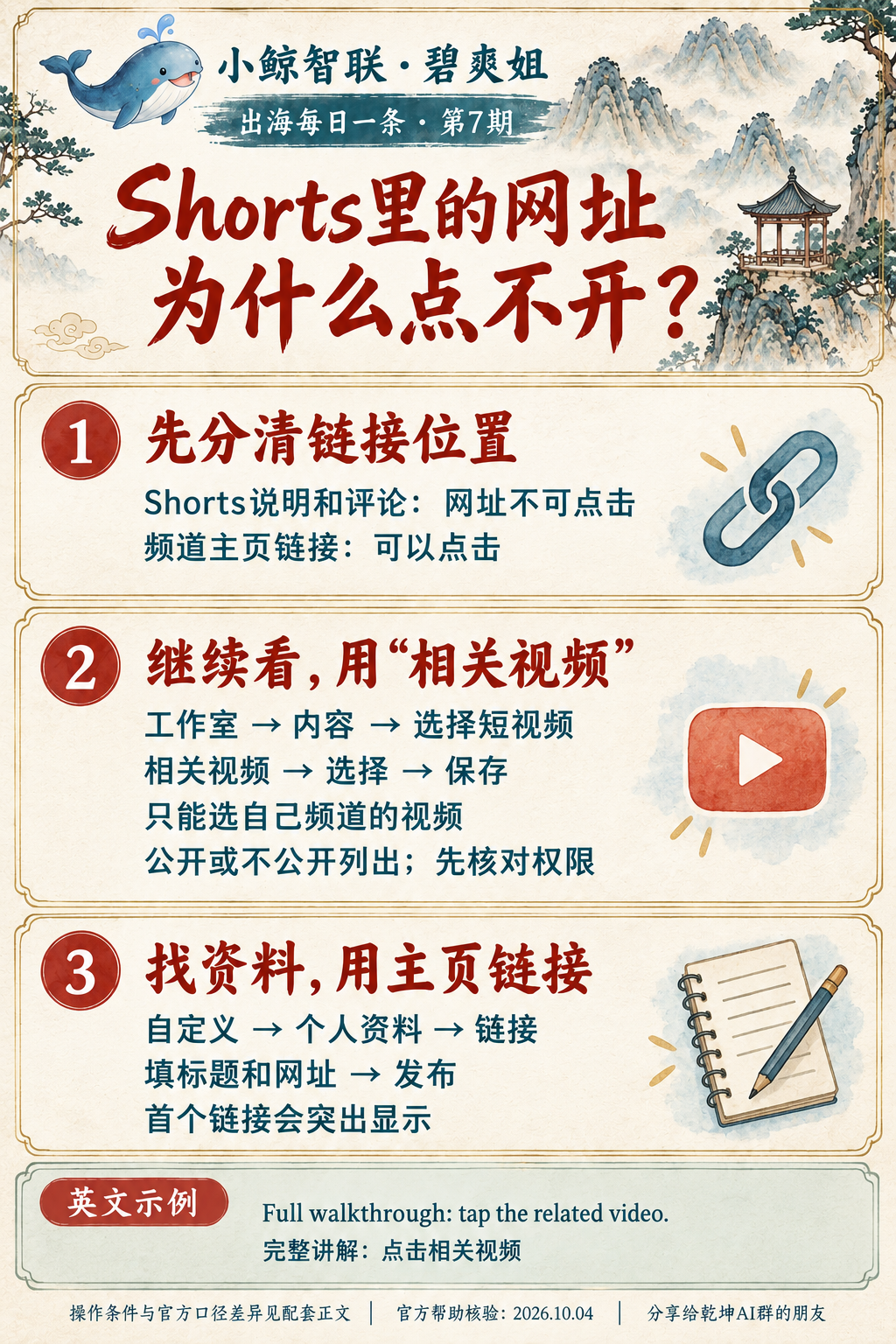 Shorts网址位置、相关视频与主页资料链接的设置步骤