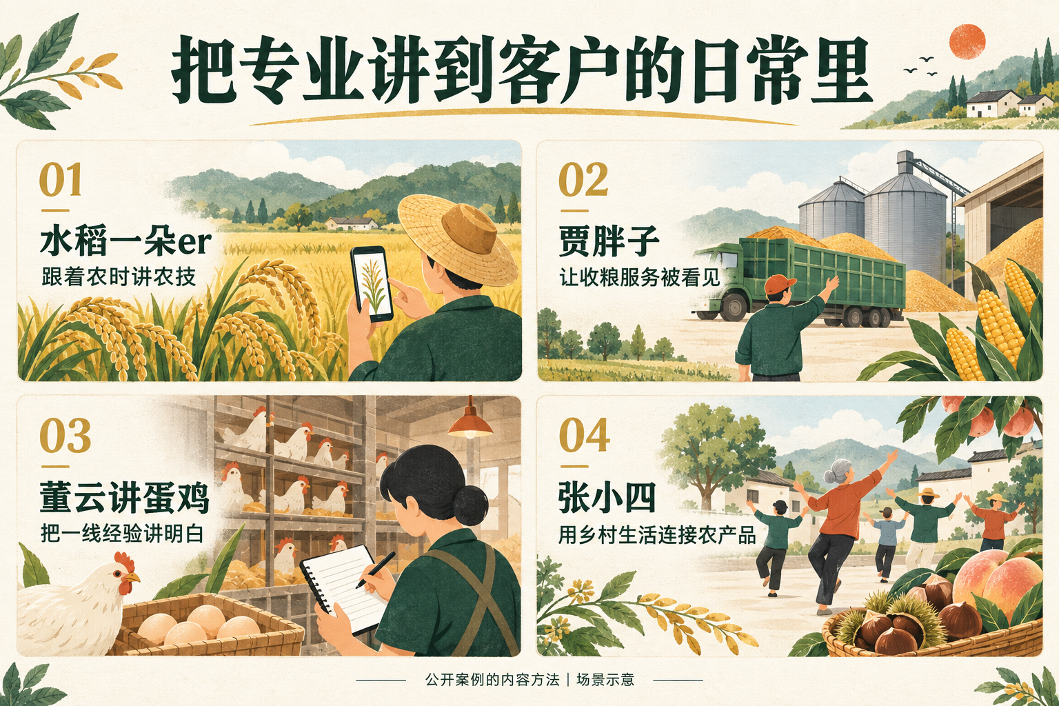 四个公开案例，各自把具体的经验讲给需要的人，AI生成示意插画