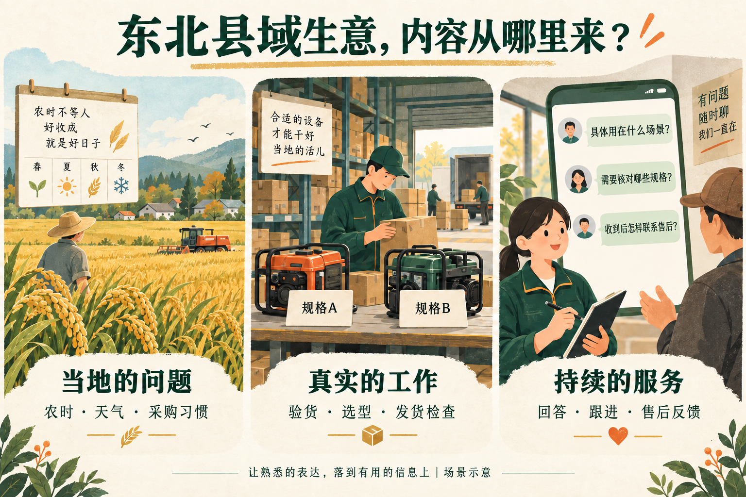 当地问题、真实工作与持续服务，AI生成示意插画