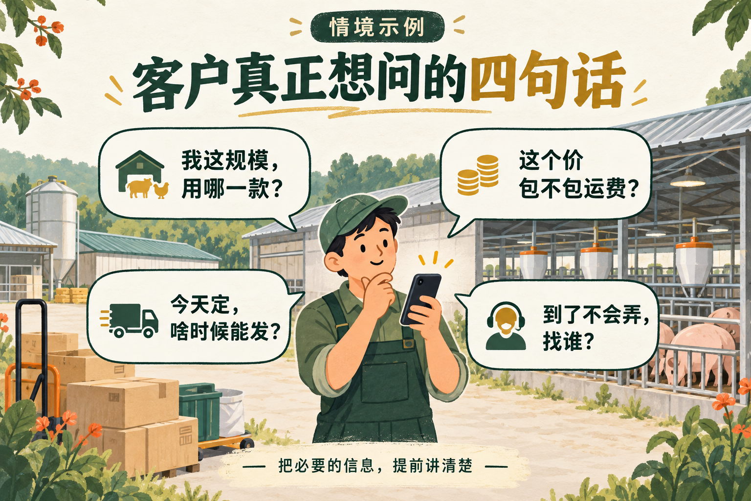 选购设备的沟通情境示例，AI生成示意插画