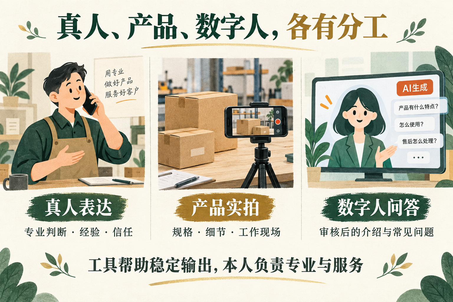 真人、产品实拍与数字人的内容分工，AI生成示意插画