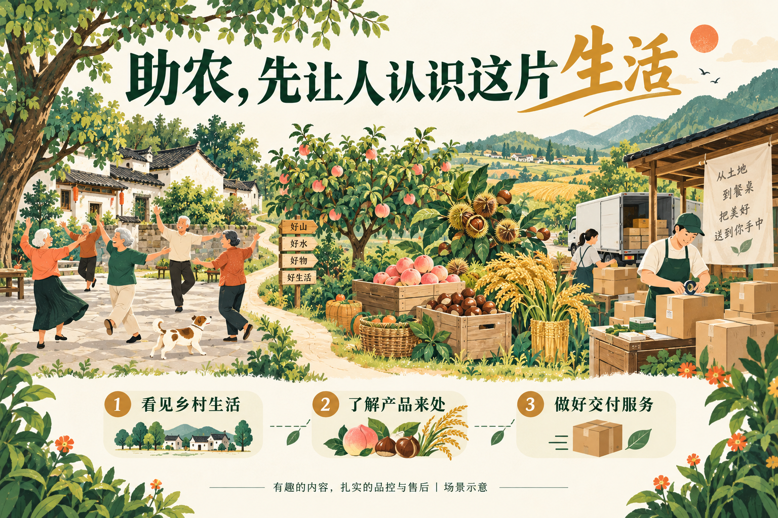 认识乡村生活，也认识产品的来处，AI生成示意插画