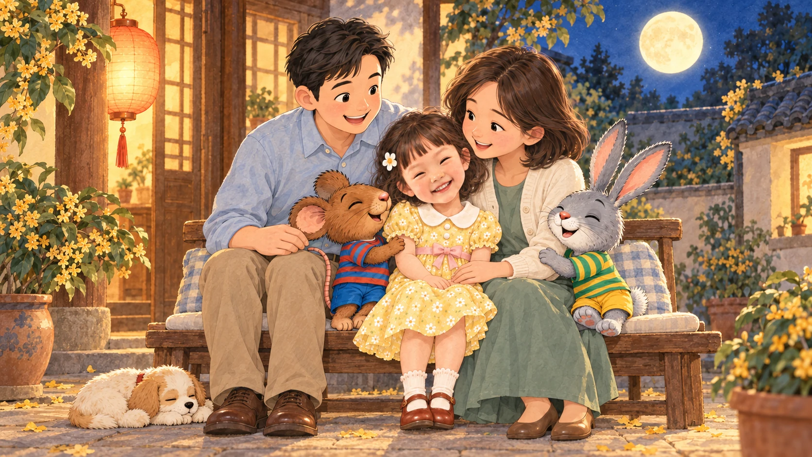 富富依偎在爸爸妈妈怀里，小伙伴们陪在身边